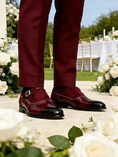 お買い得  僧侶の靴-バックル付きメンズバーガンディパテントレザーモンクシューズ - フォーマルなイベントに最適なエレガントなプロムシューズ