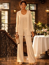 cheap Mom's Pant Suits-Jumpsuit Pantsuit 3 Piece Floor Length Mother of the Bride Dress Long Sleeve V Neck Elegant Formal Wedding Guest Chiffon Lace Jacket Dresses with Appliques