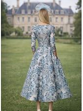 billige Ankellengde-A-linje Ankellengde Festkjole Cocktail Kjole Gjestekjole til bryllup Kjole til brudens mor 3/4 ermer V-hals Elegant Årgang Formell Kentucky Derby Semi-formelt Jacquard med Plissert
