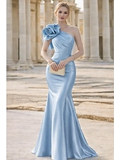 economico Abiti da Sera Sirena-Sirena Tromba Lunghezza al pavimento Abito da Sera Elegante Senza Maniche Monospalla Matrimonio Formale Raso Elasticizzato con Fiori 3D