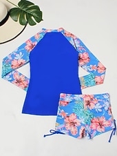 Недорогие Танкини-Жен. Купальники Танкини 2 шт. Шорты купальник Утягивание живота Завышенная Тонкие Открытая спина Отпуск Одежда для пляжа Цветочный принт Вырез под горло Длинный рукав Купальники