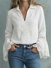 preiswerte Spitzenoberteile-Damen Bluse Elegante Oberteile Spitzentops Gerafft Spitze Patchwork Einfarbig Einfach Elegant Damen Stilvoll Langarm V Ausschnitt Normale Oberteile Täglich Arbeit Ferien Blau Schwarz Weiß Rosa