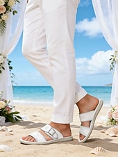 baratos sandálias-Sandálias brancas masculinas – fivelas ajustáveis estilosas, ajuste confortável, perfeitas para casamentos na praia, férias de verão e passeios casuais.