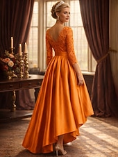 billiga Ankel längd-A-linje Asymmetrisk Festklänning Cocktail klänning Bröllopsgästklänning Klänning till brudens mor 3/4 ärm Prydd med juveler Elegant Plusstorlek Kort och lång Bröllopsgäst Satäng Spets med Bälte