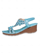 economico Sandali con zeppa-sandali con zeppa boho da donna color cielo con decorazioni floreali in cristallo – eleganti sandali con cinturino a T e strass per vacanze al mare, resort esotici &amp;viaggiatori eleganti