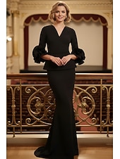 preiswerte Meerjungfrau Abendkleider-Meerjungfrauenschnitt Bodenlang Kleid für Hochzeitsgäste Abendkleid Brautmutterkleid Dreiviertelarm V Ausschnitt Elegant Formell mit Rüschen