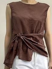 Χαμηλού Κόστους Πουκάμισα-Γυναικεία Καλοκαιρινές κορυφές Μπλούζα Ντυτές μπλούζες Λινό από ψεύτικο βαμβάκι Σουρωτά Κουρελού Συνδεμένο Συμπαγές Χρώμα Σκέτο Κομψό Βίντατζ κυρίες Αμάνικο Στρογγυλή Ψηλή Λαιμόκοψη