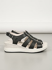 abordables Sandalias de cuña-Sandalias cómodas de cuña negras para mujer: zapatos de plataforma informales con soporte para ir de compras, viajar y usar a diario.