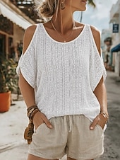 economico Top in Pizzo-Per donna Maglietta Top con cuciture in pizzo Pizzo Semplice Moda Elegante Classico Manica Corta Girocollo Top Regolari Quotidiano Uscire Weekend Bianco Estate Primavera