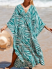 tanie Sukienki w paski i geometryczne-Damskie Sukienka maxi sukienka plażowa Codzienne sukienki Sukienka Boho Cover Up Elegancja Moda Nowoczesny Na zewnątrz Plaża Urlop Luźna Prążki Krótki rękaw W serek Niebieski Czarny Biały Rumiany róż