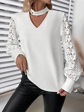 economico Top in Pizzo-Per donna Camicia Blusa Top in pizzo Pizzo Semplice Elegante Essenziale Classico Manica Lunga Scollo a V Top Regolari Quotidiano Ferie Uscire Bianco Estate Primavera