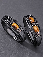 economico Gioielli da uomo-Bracciale da uomo in pietra naturale e finta pelle, cinturino da polso casual intrecciato in vari colori, gioielli alla moda da uomo per l'abbigliamento casual quotidiano e lo street style