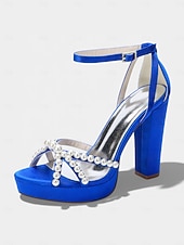 cheap Bride-Women's Ivory Platform Chunky Block Heel Sandals, Pearl-Embellished Ankle Strap Bridal Shoes for Church Weddings