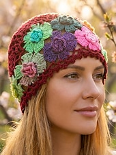 Недорогие Женские шляпы-Женская вязаная шапка с цветочным узором, доступна в нескольких цветах, изготовлена из трикотажного материала, идеально подходит для повседневной носки весной и летом.