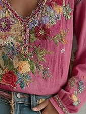 ieftine Topuri Boho-Pentru femei Cămașă Cămașă Boho Bluză Brodat Floral Grafic Boemia Epocă Stilat Manșon Lung În V Topuri obișnuite Zilnic Concediu Ieșire Roz trandafiriu Vară Primăvară