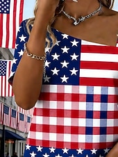 preiswerte Unabhängigkeitstag Top-Amerikanischer Unabhängigkeitstag Damen T Shirt T-Shirt Druck Grafik Karomuster Amerikanische Flagge Mode Stilvoll Klassisch Kurzarm Ein-Schulter Normale Oberteile Täglich Ausgehen Wochenende Rote