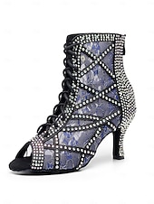 cheap Dance Boots-Women's Champagne Rhinestone Lace-Up Professional Dance Boots, Open Toe Mesh Latin &amp; Ballroom Heels for Stage Performance