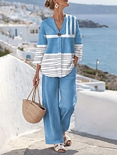 cheap Women's Blouse Suits-Women's Two Piece Sets Linen Like Pants Sets Bolero Top 3/4 Length Sleeve V Neck Graphic Geometric Striped Print Daily Stylish Casual Daily Beach Blue Purple Orange Summer Regular Fit