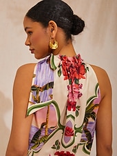 abordables Graphic Tank-Hawaii Palm Silky Satin Floral Top