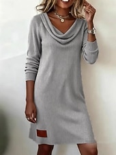 ieftine Rochie albă-Pentru femei Rochie Mini Rochii Tricot Rochie teacă Casual Zilnic Fit regulat Simplu Manșon Lung Glugă Gât Negru Alb Bej Gri Toamnă Iarnă