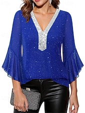 baratos Blusas Elegantes-Mulheres Blusa Tops de lantejoulas Patchwork Bloco de cor à moda Moderno Manga 3/4 Sino Decote V Tops regulares Diário Feriado Para Noite Azul Preto Vermelho Verde Verão Primavera