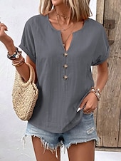 abordables Camiseta lisa-Mujer Camiseta Camiseta superior Botones del pecho Plano Moda Elegante Clásico Manga Corta Escote en Pico Tops regulares Diario Noche Fin de semana Negro Blanco Rojo Azul Marino Naranja Verano