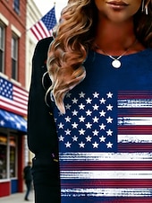 tanie Dzień Niepodległości Top-Damskie Podkoszulek Koszulka Nadruk Graficzny Flaga Ameryki Moda Elegancki Klasyczny Długi rękaw Półgolf Zwykłe topy Codzienny Weekend Ubrania wakacyjne Niebieski Wiosna Jesień