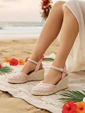 abordables Femmes-Espadrilles compensées blanches en dentelle pour femmes - élégantes sandales à plateforme crochetées à bout fermé et bride cheville, chaussures confortables pour les vacances d'été à la plage.