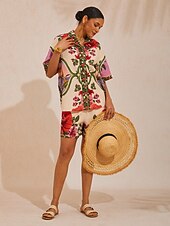 levne Květinové blůzy-Vzdušná lněná košile s květinovým vzorem a havajskými palmami