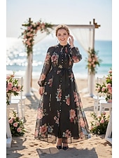 preiswerte Semi-formal / Cocktail-Zweiteilig A-Linie Knöchellänge Kleid für Hochzeitsgäste Kleider für Hochzeitsgäste Elegant Täglich Langarm Hoher Ausschnitt Gartenparty Formell mit Blumenmuster