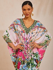 levne potisk neformálních šatů-růžový splývavý šifonový kaftan s diamanty a vzorem džungle