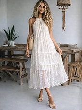 abordables Vestido Sencillo-Mujer Vestido maxi Vestido de una línea vestido halter Vestido con hombros descubiertos Casual Exterior Noche Ajuste regular Floral Sin Mangas Cuello halter Albaricoque Verano Primavera