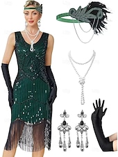 baratos Vestidos dos anos 1920-Conjunto Loucos anos 20 Anos 20 Até os Joelhos Vestidos Vestido melindroso Roupa com acessórios Sem Mangas O Grande Gatsby charleston Paetês Franjas Pena Decote V Fantasia Mulheres Carnaval Ano Novo