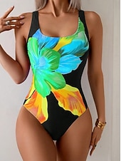 Χαμηλού Κόστους Ολόσωμα μαγιό-Γυναικεία Μαγιό Ενα κομμάτι Αντρικά σλιπ Μαγιό Ρούχα παραλίας Φθινόπωρο Φλοράλ Γραφική Λαιμόκοψη U Αμάνικο Μαγιό