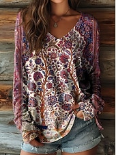 preiswerte Boho-T-Shirt-Damen Boho T-Shirt Floral Grafisch Pflanzen Vintage Stilvoll Lässig Langarm V-Ausschnitt Reguläre Oberteile Täglich Wochenende Druck Blau-Schwarz Rot Braun Sommer Frühling