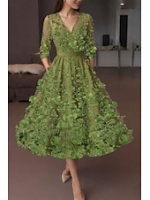 cheap Cocktail Dresses-A-Line Tea Length Cocktail Dresses Elegant Vintage Floral Half Sleeve V Neck Garden Party Wedding Pocket Satin Lace with Embroidered Flower Embroidery Pocket