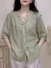 economico Camicie-Per donna Camicie effetto lino Tasca Tinta unica Quotidiano Essenziale Casual Manica Lunga Scollo a V Top Regolari Quotidiano Blu Bianco Blu marino Arancione Verde Estate Primavera Autunno