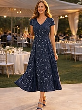 economico Set di abiti per la mamma-Due Pezzi Linea ad A Lunghezza Tè Abito da invitata a nozze Abito da cerimonia per signora Manica Corta Scollo a V Elegante Semplice Lussuoso Formale Ospite di nozze Chiffon Crêpe con Pizzo Perline