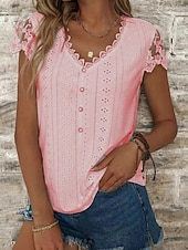 cheap Lace Tops-Women's Blouse Lace Eyelet Buttons Solid Color Stylish Basic Casual Short Sleeve V Neck Regular Tops Daily Blue Black White Light Green Pink Summer Spring