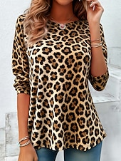 economico Maglietta Animali-Per donna Maglietta Stampato Grafico Leopardo Geometrico Vintage Moda Elegante Manica Lunga Girocollo Top Regolari Quotidiano Bianco e nero Nero Marrone Estate Primavera Autunno