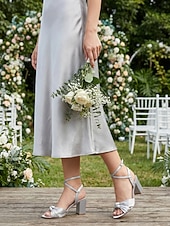 economico Damigella d&amp;#39;onore-sandali da donna con tacco a blocco in raso fucsia, scarpe eleganti con cinturino alla caviglia e fiocco per damigelle d'onore per matrimoni all'aperto in giardino