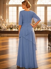 cheap Floor Length-A-Line Floor Length Wedding Guest Dress Formal Dresses Tiered Dress Mother of the Bride Dress Half Sleeve Jewel Neck Elegant Vintage Simple Formal Chiffon with Ruffles Cascading Ruffles