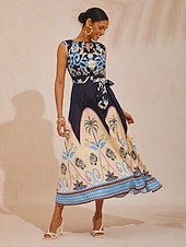 billige uformell kjole med trykk-Summer Night Palm silkemyk sateng maxikjole