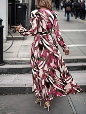 cheap Casual Floral Dresses-Women's Long Dress Maxi Dress A Line Dress Floral Dress Elegant Fashion Modern Daily Outdoor Vacation Regular Fit Floral Long Sleeve V Neck Red Brown Spring Fall