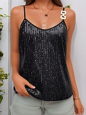 cheap Tank Tops &amp; Camis-Women's Blouse Sequin Tops Camisole Tank Top Sequins Patchwork Plain Vintage Stylish Sexy Sleeveless V Neck Regular Tops Daily Holiday Going out Black White Champagne Wine Apricot Summer Spring
