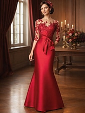 cheap Floor Length-Mermaid Trumpet Floor Length Wedding Guest Dress Formal Dresses Evening Gown Mother of the Bride Dress 3/4 Length Sleeve Illusion Neck Elegant Mother Engagement Satin Lace with Appliques