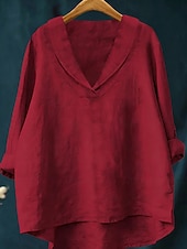 abordables Camisas Falsas Esenciales-Mujer Camisa Camisas de algodón y lino Lino de algodón sintético Retazos Plano Elegante Clásico Moderno Manga Larga Escote en Pico Tops regulares Diario Festivos Noche Negro Blanco Amarillo Rojo Azul
