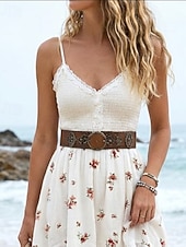 cheap Vacation Boho Dress-Women's Mini Dress Casual Dress Summer Dress Slip Dress Boho Dress Vintage Vacation Daily Going out Regular Fit Floral Sleeveless Straps Black White Spring Summer