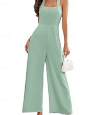 billige Jumpsuits-Dame Normal Kjeledresser Elegant Helfarge Ermeløs Bred Bukseben Grimehals Åpen rygg Daglig Feriereise Løstsittende Hvit Lysegrønn Rosa Sommer