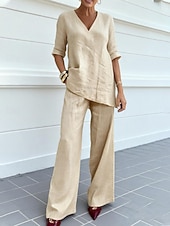 preiswerte Sets-Damen Zweiteilige Sets Hosen-Sets Bolero Langarm V Ausschnitt Einfarbig Kordelzug Mode Streetwear Stilvoll Lässig Täglich Outdoor Blau Schwarz Leicht Braun Frühling Normale Passform